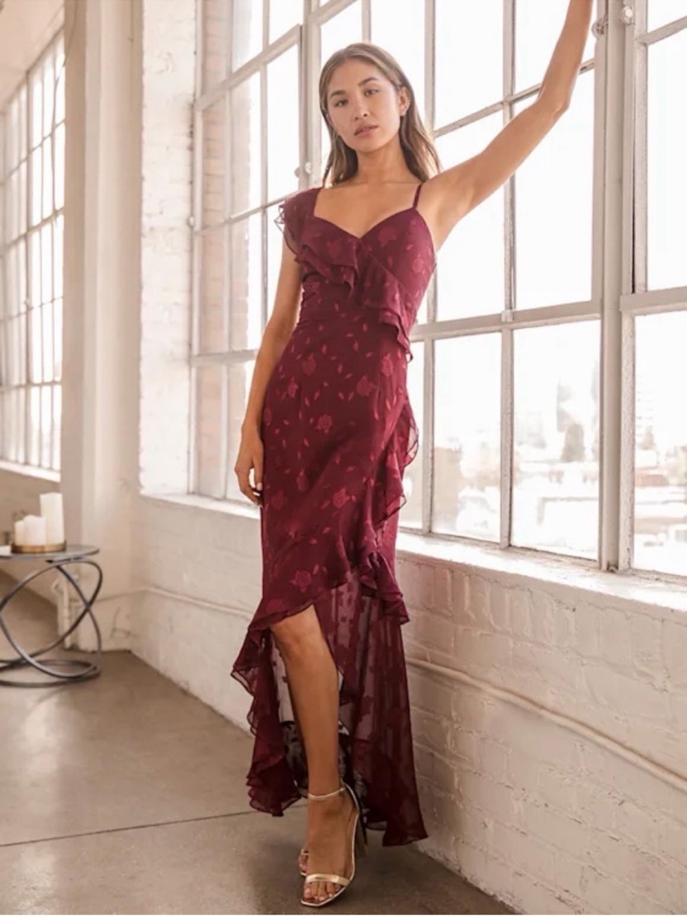 Lulus Forever Be Burgundy Floral Jaquard Dress Size Medium